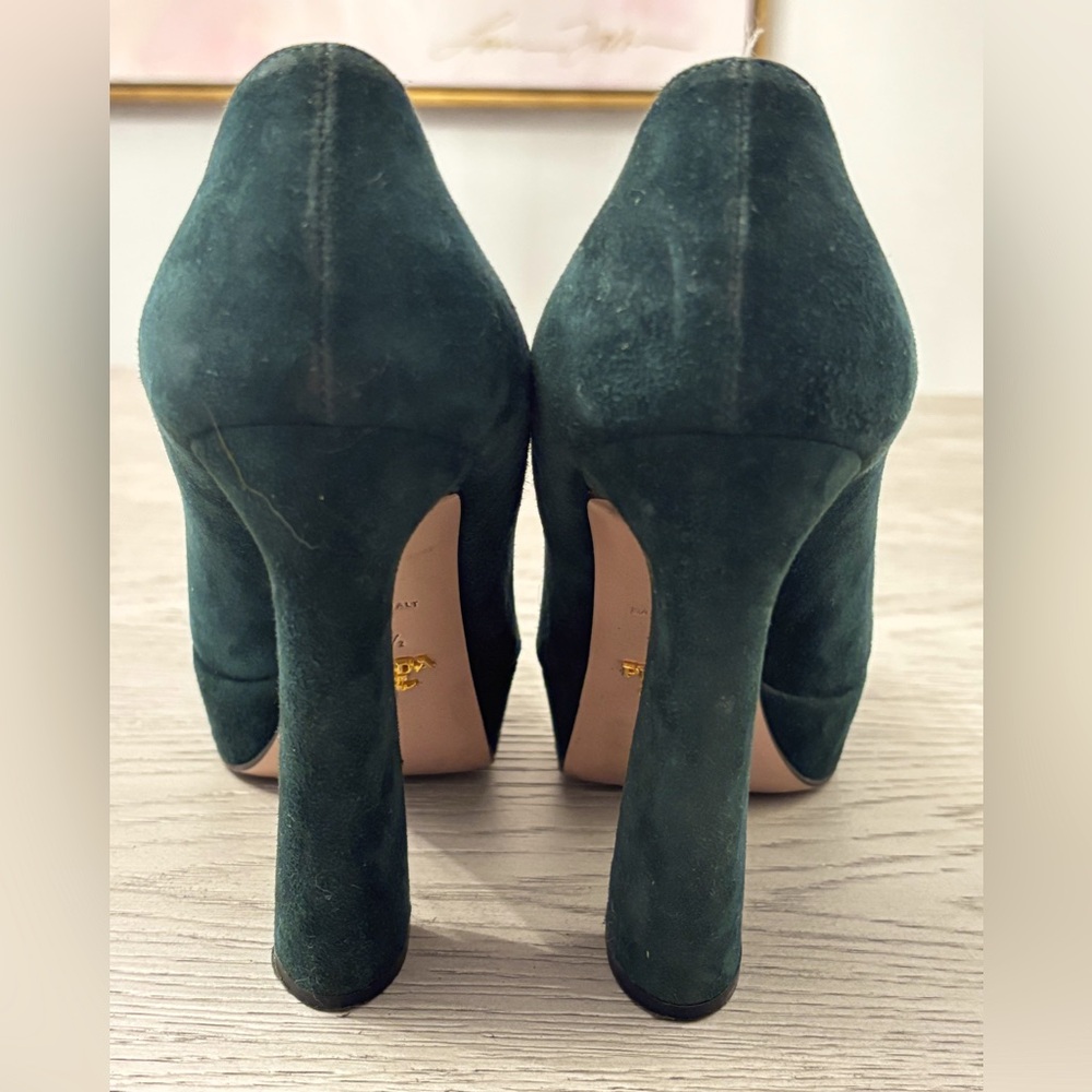 Prada Hunter Green Suede Open Peep Toe Platform Hell Size 6.5 - Picture 8 of 8